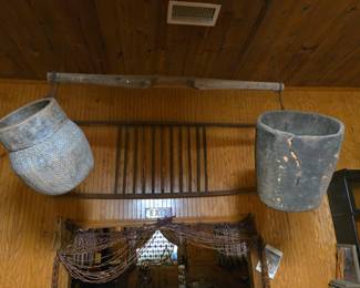 Large assortment of wooden primitive items.