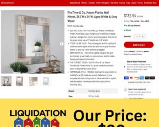 π₯ Featured Deal: FirsTime & Co. Mason Planks Wall Mirror β originally $132.94, now ONLY $20 at Liquidation Popup! π± Perfect farmhouse style to add a rustic touch to any space.