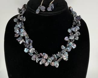 18" dual strand abalone shell necklace with rhinestone clasp with matching earrings.