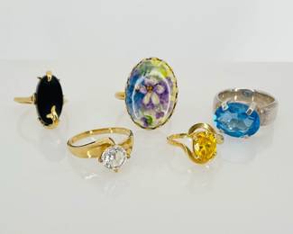 Five (5) fashion rings, sizes range from 6.25 to 10. Brightly colored stones, some tourmaline.
