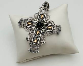 Sterling Silver Cross Pendant with 18K Gold Accents and black onyx stone at the center. 3 1/2". Stamped "925 BA Indonesia 18K". 19.42 gtw.