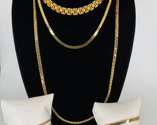 Three (3) gold tone necklaces and (3) gold tone bracelets. Assorted styles and lengths.