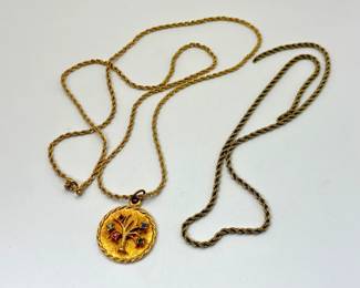 17 1/2" gold rope chain, no clasp or markings, tests as 10K gold. Gold tone family tree pendant with different colored birthstone rhinestones on a 28" gold tone rope chain necklace.