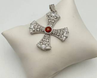 Judith Ripka 2" sterling silver cross pendant with citrine center stone and cubic zirconia accents. Stamped "Judith Ripka 925 CZ Thailand". 15.38 gtw.