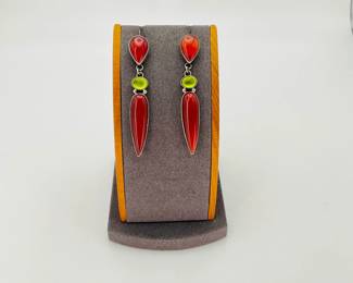 Sterling silver dangle earrings with amber and carnelian stones separated by a bright green glass stone. Backs are magnetic. 13.63 gtw.