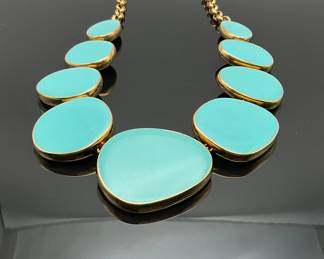 Kenneth Jay Lane gold tone blue enamel 18" fashion necklace. Stamped "KJL".