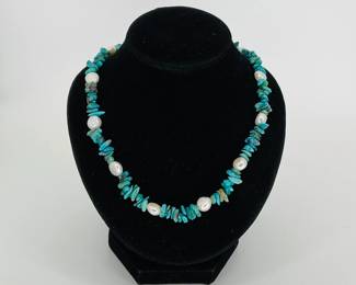 Turquoise and freshwater pearl 17" necklace.