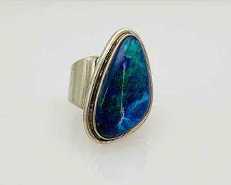 Azurite malachite sterling silver ring, size 8. Stamped 925. 13.13 gtw.