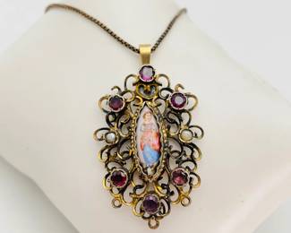 Vintage Hand Painted Porcelain Necklace with amethysts and pearls surrounding. On an 18" gold tone box chain stamped "925".