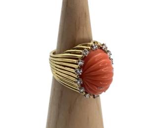 Vintage coral and diamond ring, stamped 18K. Size 6.5. 15.53 gtw.