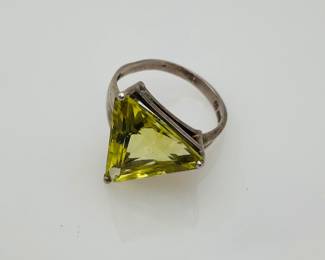 Trillion cut green tourmaline sterling silver ring, size 9. 4.66 gtw.