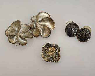 Vintage Carolee (stamped) 1 1/2" clip on silver tone swirl earrings. Sterling silver 1/2" round post earrings and an unmarked vintage pin.