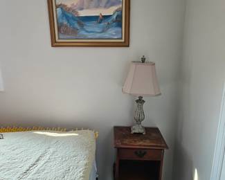 Wall Art, Side Table, Lamp, Hand Bag, Bed