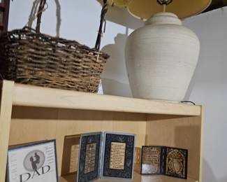 Table Lamp, Basket, Bookshelf
