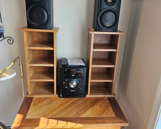 Stereo Components, Speakers, BookShelves, Wooden Table