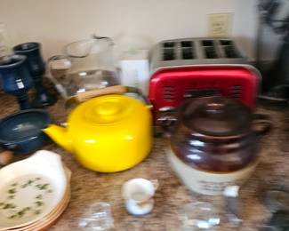 Tea Kettle, Toaster, Glass Pitcher, Crock