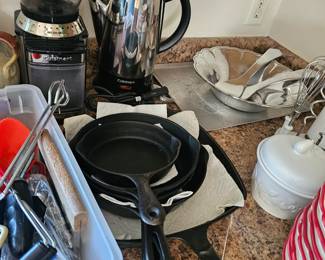 Cast Iron Pans, Coffee Percolator, Blender, Cookie Sheet, Utensils