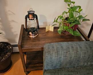 Rolling Side Table, Oil Lantern, House Plant