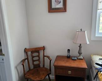Bed Side Table, Lamp, Wood Corner Chair