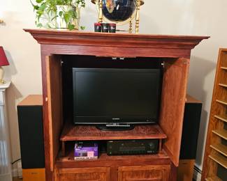 House Plant, Wooden Entertainment Center, TV, Speakers