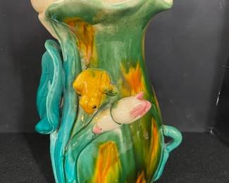 Majolica Style Ceramic Vase w/Frog
