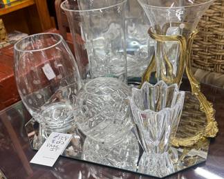 A collection of crystal and glass vases including Mikasa and Orrefors
