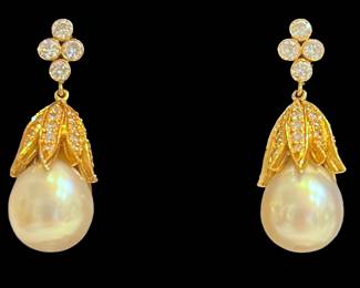 Yellow Gold, Diamond, & Pearl Drop Earrings