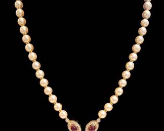 Pearl Necklace with Gold Beads, Rubies, Diamonds, and a Sapphire Pendant and Diamond Surround