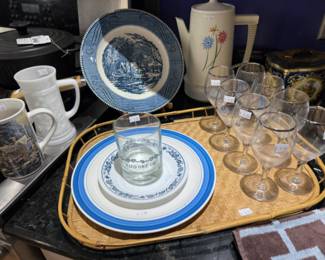 Steins, Rattan Tray, Glass Sets, Vintage Pitcher