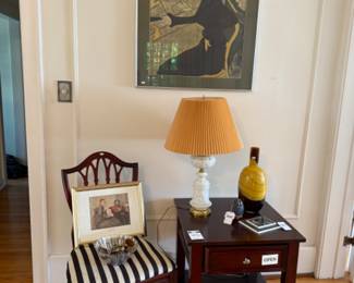 Wooden Side Table, Joan Miro Wall Hanging, Mexican Pottery Owl Figurine