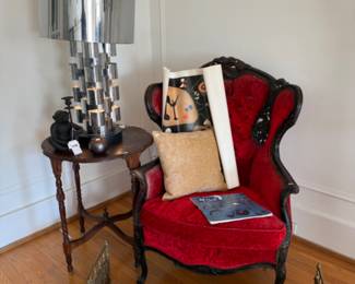 Vintage Wingback Chair, Wooden Side Table, Monkey Candle Holder, Curtis Jere Table Lamp