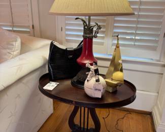 Wooden Side Table, Decorative Lamp, Purses, Porcelain Clown Music Box