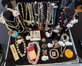 Vintage Banana Bob Necklace, Michael Michaud Ginkgo Necklace, Loccitane Vetyver Eau De Toilette Perfume, Galeria Cano 24k Gold-Plated Bracelet, Galeria Cano 24k Gold-Plated Necklace, Michael Michaud Dogwood Flower Brooch, Sterling Art Deco Brooch, 14k Bulova Vintage Women's Watch