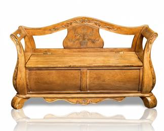 Carved Wooden Bench with Floral Motif