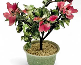 Vintage Jade Glass Bonsai Tree with Quartz Petals