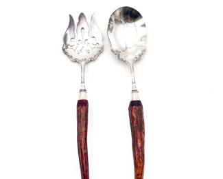 Antique Silver-Plated Salad Server Set with Deer Antler Handles