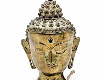 Brass Buddha Head With Detailed Hair Ornamentation