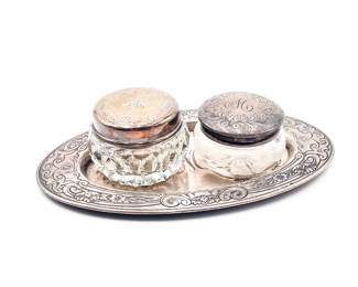 STERLING SILVER VANITY TRAY with Two Lidded Containers