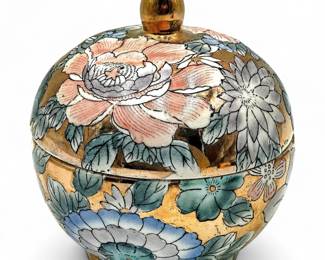 Floral Ceramic Lidded Bowl with Gold Accents
