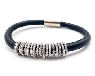 Leather Bangle Bracelet with Sterling Silver and Cubic Zirconia Charms
