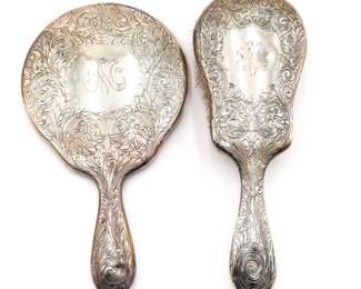 Silverplate Vanity Mirror and Hairbrush Set with Monogram