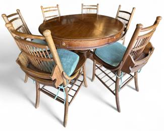 Vintage Thomasville Round Oak Dining Table with Six Chairs