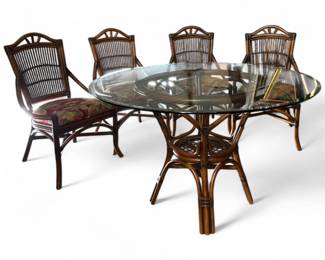 Vintage French Style Bamboo Rattan Dining Set with Glass Top
