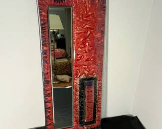 M53 - $200. J. Moilanen Mirred Glass Fused with Copper & Steel. Bud Vase attached. Measures 10" wide x 23" tall. 