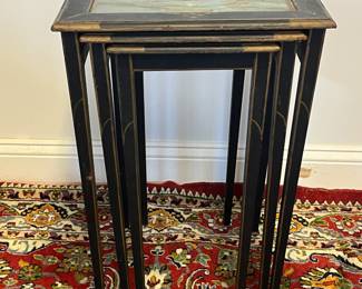 M2 - $125. Set of 3 Antique Nesting Tables. Largest measures 15" wide x 11.5" deep x 22.25" tall. The glass in the smallest table is heavily cracked. Tables are antique and wiggly. 