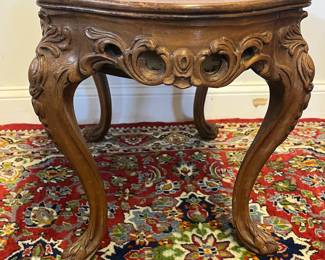 M8 - $200. Carved Wood Display Table with Removable glass Top. Measures 32" x 22" x 21" tall. 