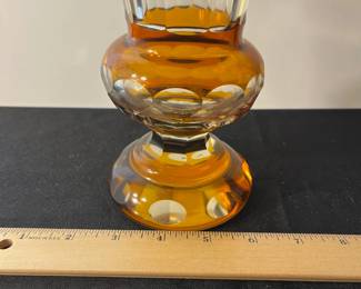 M82 - $100. 19th Century Amber Etched Glass Vase. Measures 5.75" wide x 9" tall. 