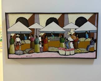 K74 - $100. Mexican Modernist Oil on Canvas. Signed Velasco - Village Market Scene. Measures 20" x 10". 
