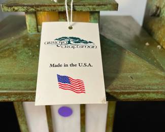 M134 - $200 PAIR of Exterior Light Fixtures by Arroyo Craftsman. Kennebec Wall Mount. Gold White Glass. Verdigris Patina. Measures 9" x 13" tall. Never installed still in original boxes - we pulled them out to photograph. 