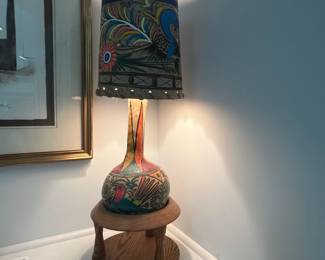 K24 - $30. Hand Painted Folk Art Lamp. Measures 9" wide x 27" tall. Lamp base  has been repaired - shade is in very good condition! 